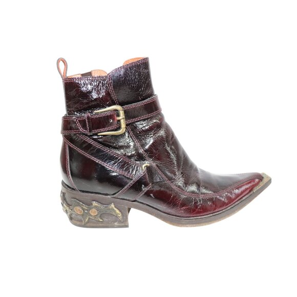 DONALD J. PLINER Italian Boots Western Black Cherry Patent Leather Ankle Boots 6 - Picture 1 of 11